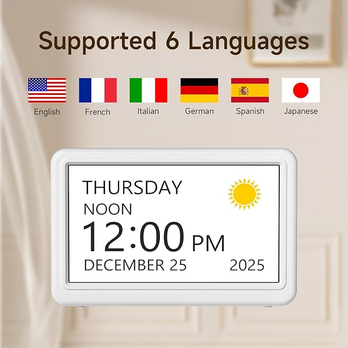 Raynic Digital Clock, 7" Digital Calendar Day Clock for Seniors, Dementia Clock with 20 Custom Alarms & Reminders,12 Themes, Auto DST, Dimmable Dementia Alzheimer's Clock for Elderly