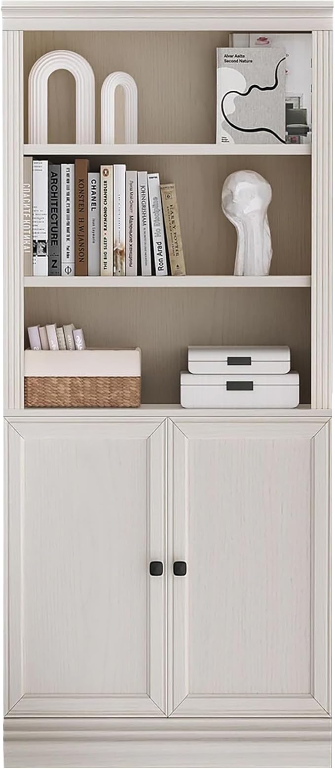 JAHRSTIM Halston Standard with Doors Bookshelves and Bookcase Floor Standing 5 Tier Adjustable Shelves Organizer and Storage, 72in Tall Bookshelf for Home Office, Living Room, Bed Room, Kitchen, Cream