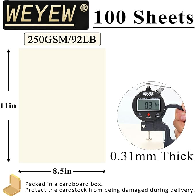 100 Sheets 92lb Cream Cardstock, 8.5" x 11", Thick Off-White Paper Envelopes Making Blank Invitation Paper Greeting Cards DIY Craft Card Making, 92LB Cover 250 GSM