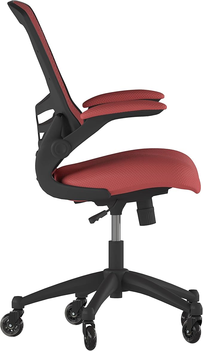 Flash Furniture Kelista Mid-Back Red Mesh Swivel Ergonomic Task Office Chair with Flip-Up Arms and Transparent Roller Wheels