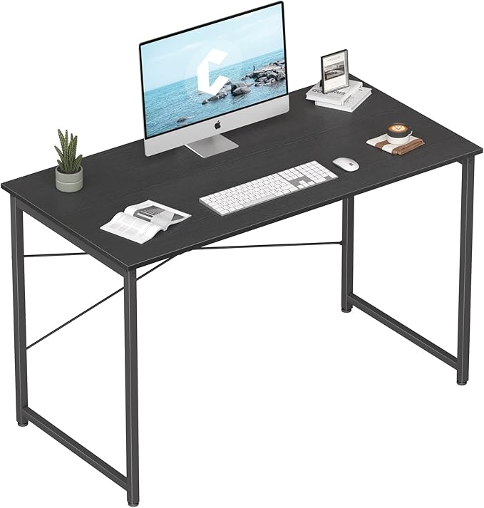 CubiCubi Computer Desk 47" Study Writing Table for Home Office, Modern Simple Style PC Desk, Black Metal Frame, Dark Black