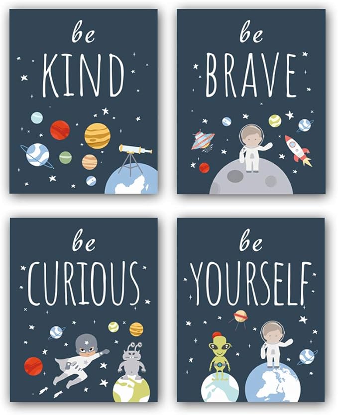 CHDITB Unframed Outer Space Room Decor, Inspirational Space Art Print, Set Of 4（8" x10" ） Space Wall Art For Boy Room Decorations, Kids Picture Planets Canvas Posters For Kids Bedroom Nursery Decor