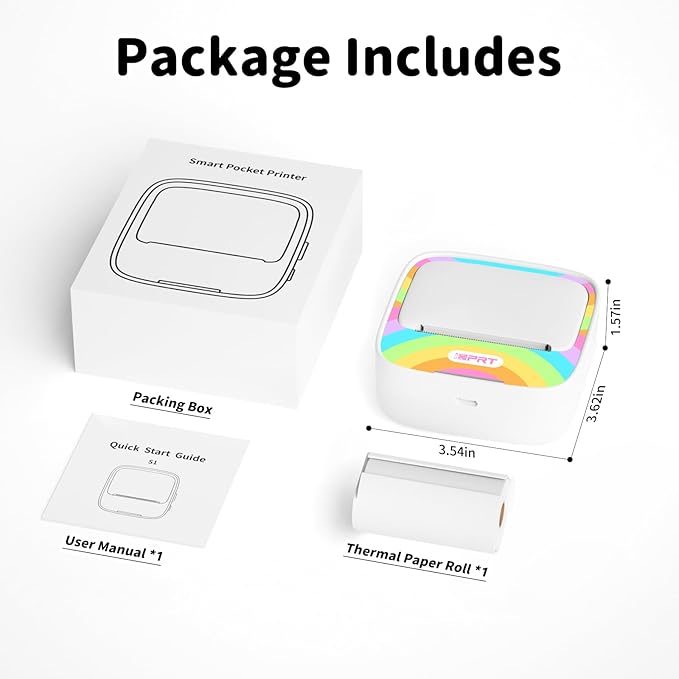 iDPRT Mini Printer with 1 Roll Sticker Paper, Portable Sticker Maker Machine Efficiently and Quickly, Thermal Printer for Study Notes, Pictures, DIY, Label, Rainbow