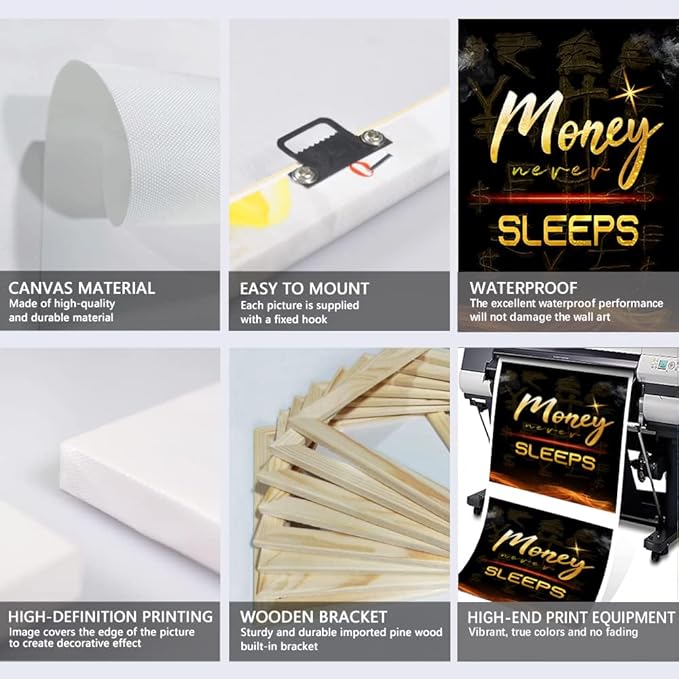 Inspirational Wall Art Money Never Sleeps Motivational Posters Wall Decor Black Golden Canvas Prints Artwork for Office Living Room Decoration Ready to Hang-12x16 inch