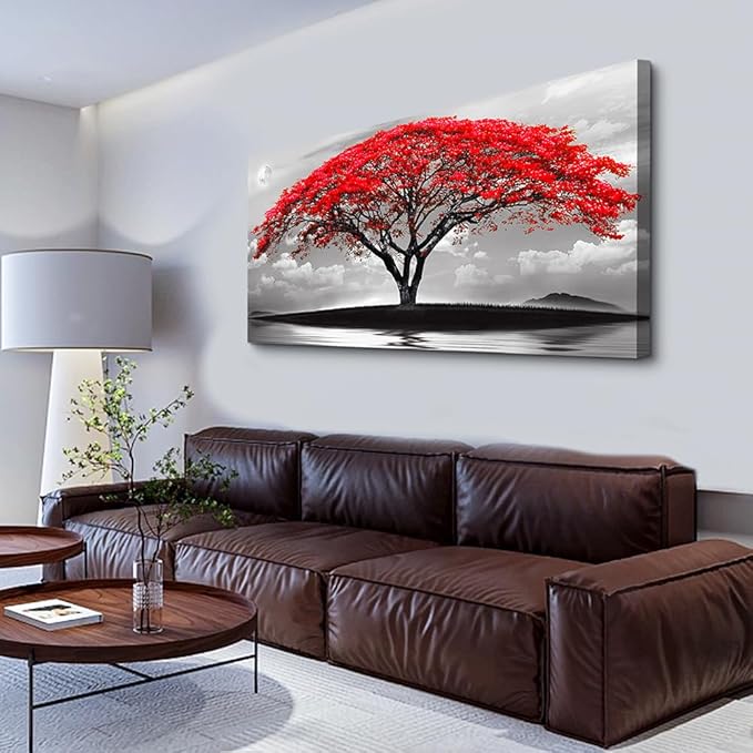 Wapluam Large Canvas Prints Wall Art For Living Room Bedroom Wall Decor Red Tree Landscape Painting Black And White Pictures To Hang Modern Home Decorations For Office Stretched And Framed Artworks