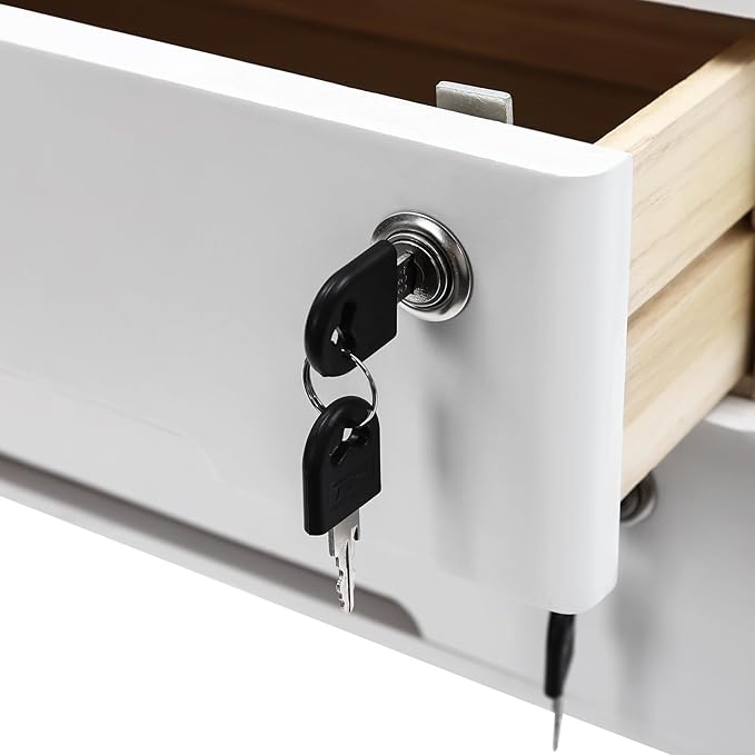 Wooden Desktop Organizer, 2 Drawers Tabletop Storage Box with Lock,Office Supplies A4 File Organizer,White