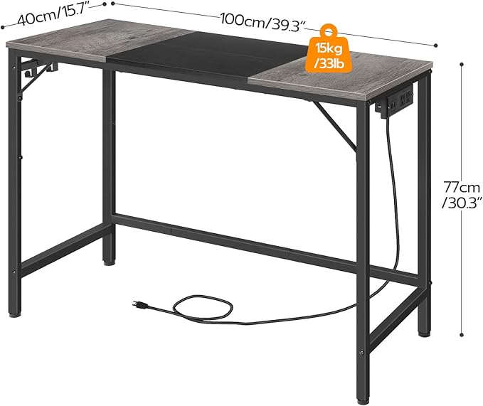 HOOBRO Computer Desk, Home Office Desk with Power Outlet, Modern Study Writing Desk with 3 Hooks for Study Room, Home Office, Sturdy and Stable, Easy to Assemble, Charcoal Gray and Black BC41UDN01