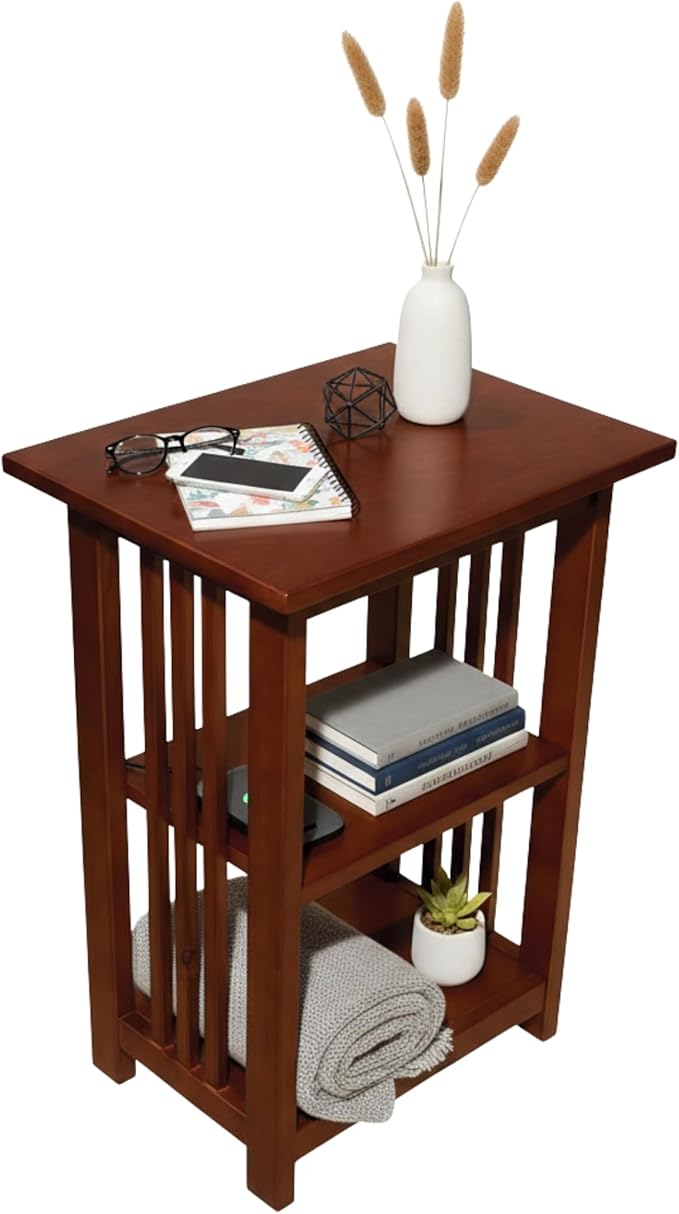 Alaterre Furniture Mission 3-Tier End Table with Vertical Slat Side Panels – Craftsman Style Wood Side Table with Open Storage for Living Room, Bedroom, or Cozy Reading Nook (Cherry)