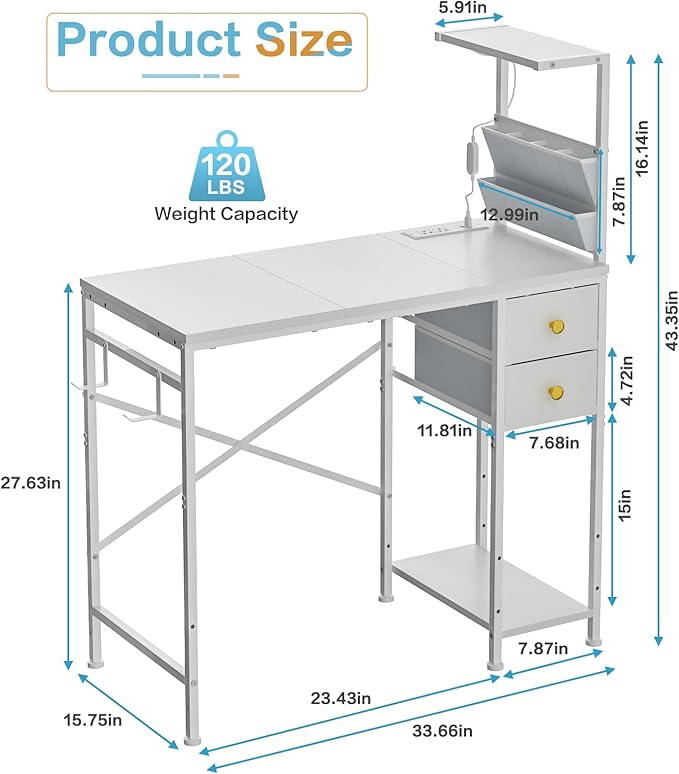 33.7" Computer Desk with Power Outlets, LED Lights & 2 Drawers, Small Office Desk with Storage Bag & Hooks, Gaming Desk for Bedrooms or Home Office, Compact Study Desk for Small Spaces，White