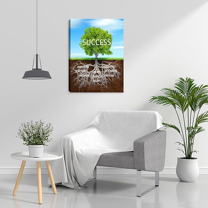 Inspirational Wall Art Blue Green Tree Motivational Canvas Wall Decor Success Posters Prints Entrepreneur Quote Wall Picture Paintings Artwork Home Bedroom Framed Easy to Hang 12"x16"