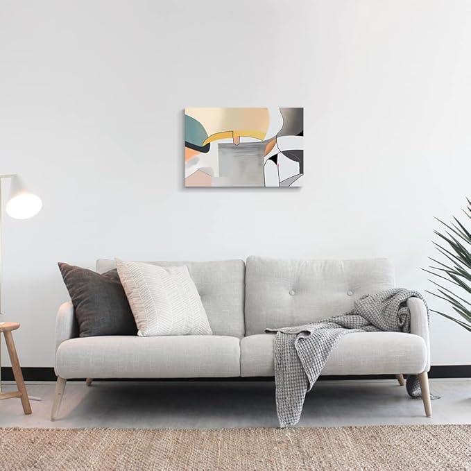 Wall Art Canvas Abstract Color Block Line Art Prints Apricot Cyan Black Grey Color Blocks and Lines Painting Modern Artwork Decor for Living Room Bedroom Kitchen 24x16in