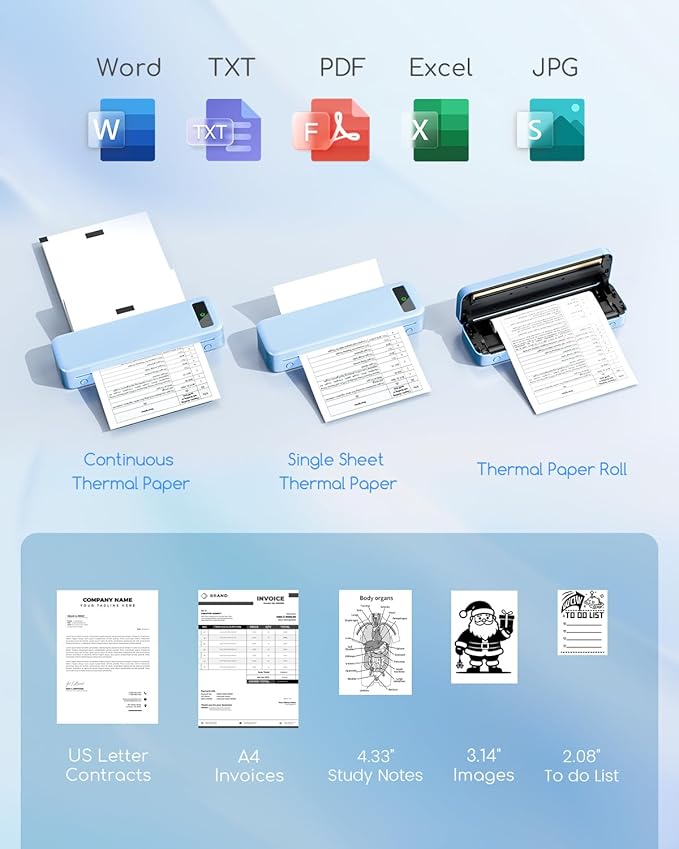 TATTMUSE Inkless Portable Thermal Printer Blue & 200 Sheets 8.5" x 11" US Letter Thermal Paper, Compatible with iPhone Android Laptop for Home Office