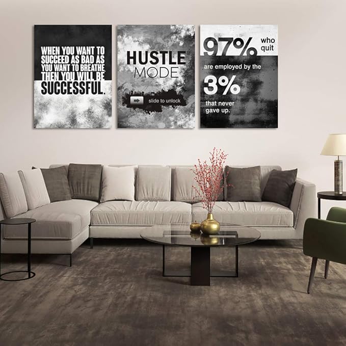 Motivational Office Wall Decor, Inspirational Canvas Wall Art, 3 Pieces Hustle Posters Prints Entrepreneur Success Quote Wall Decor for Lobby Meeting Room Hallway Living Room(60”Wx28”H)