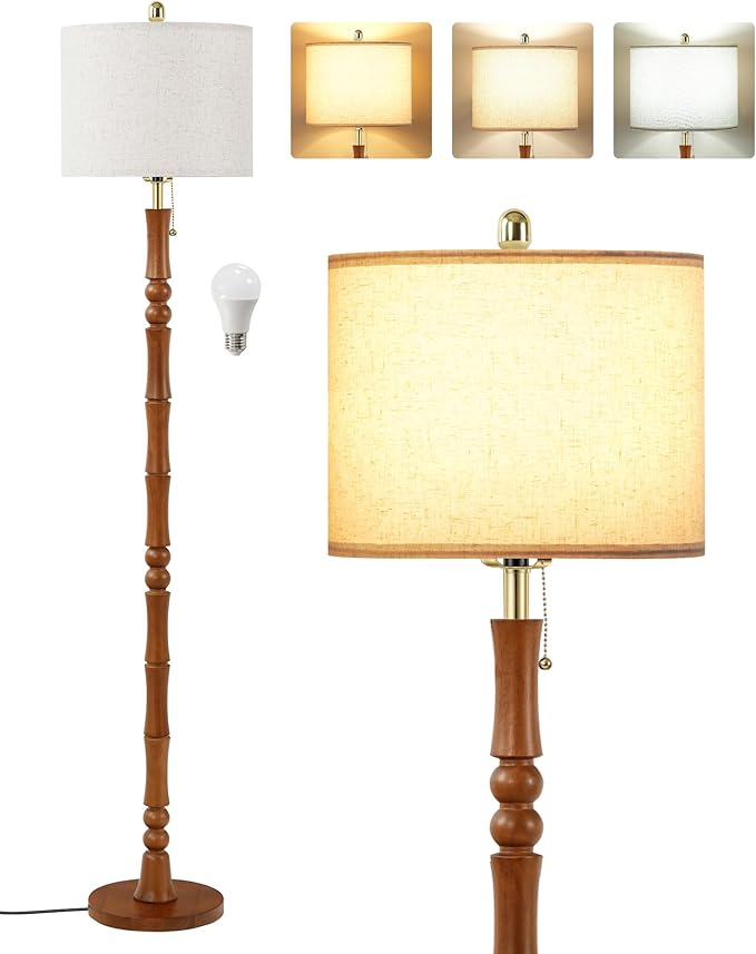 65" Solid Wood Floor Lamps for Living Room with Adjustable Color Temperatures, Farmhouse Floor Lamp with Pull Chain Switch, Tall Standing Lamp for Bedroom, Dining Room, Rustic Brown VE26LD05