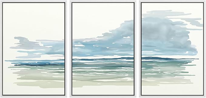 SIGNWIN Framed Canvas Print Wall Art Set Coastal Horizon Watercolor Blue and Green Abstract Ocean Scene Illustrations Modern Art Decorative Abstract for Living Room, Bedroom, Office - 24"x36"x3 White