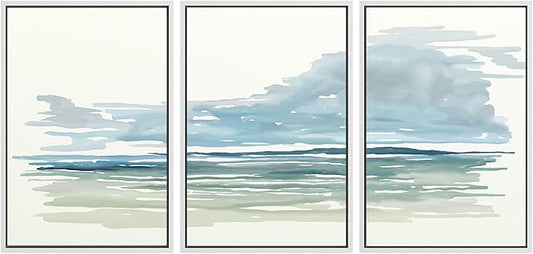 SIGNWIN Framed Canvas Print Wall Art Set Coastal Horizon Watercolor Blue and Green Abstract Ocean Scene Illustrations Modern Art Decorative Abstract for Living Room, Bedroom, Office - 16"x24"x3 White