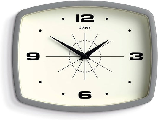 JONES CLOCKS® Movie wall Clock | Retro Rectangular Clock | 10 inch | Gray | Cool mid-Century Designer Look for Kitchen, Living Room or Office