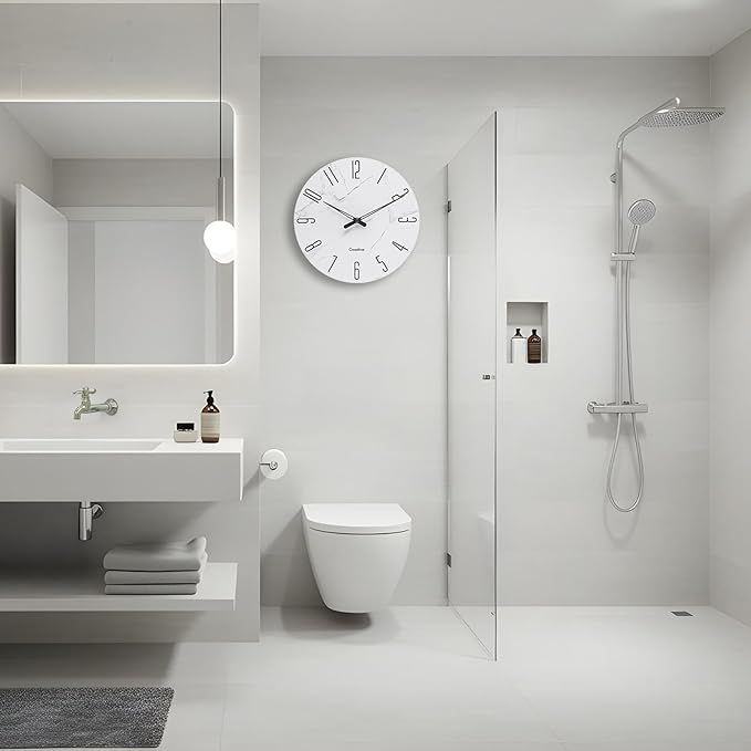 Wall Clock White Marble Theme Modern Decorative Waterproof Glass Clock for Bathroom Kitchen Home, 12 Inch Battery Operated