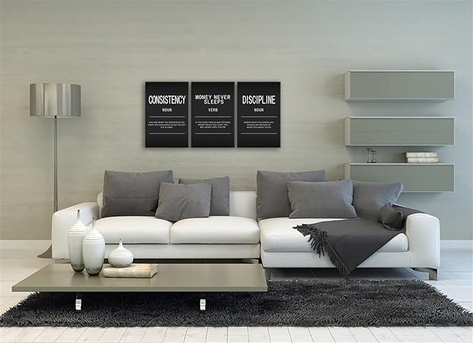 Inspirational Canvas Office Print Wall Art Consistency Discipline Noun Motivational Picture Money Never Sleeps Verb Poster Painting Inspiring Artwork Home Office Living Room Wall Decor[48" W X 24" H]