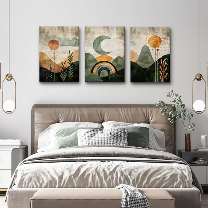 TTHYUEWS Large Canvas Wall Decor For Living Room Boho Wall Art For Bedroom Office Wall Decor Abstract Wall Paintings Vintage Geometry Pictures Artwork Modern Home Decorations 3 Piece Ready To Hang