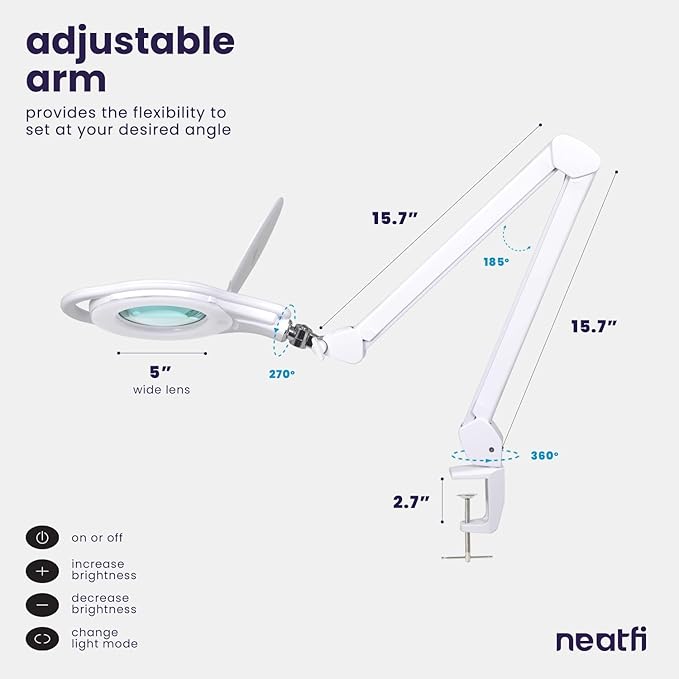 Neatfi 1,000 Lumens | LED Magnifying Lamp with Clamp | Dimmable | 3X Magnification | 3000K–6500K Light | Includes Microfiber Cloth | Light for Reading, Sewing & Crafts (White, 5-Inch Lens, 8 Diopter)