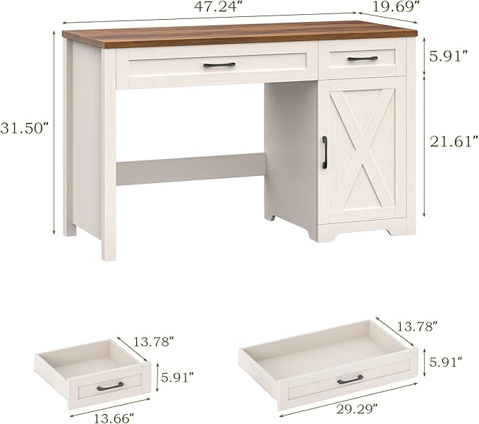 Vabches Farmhouse 47" Executive Desk,Computer Desk with Drawers and Storage Cabinet, Workspace for Home Office and Study