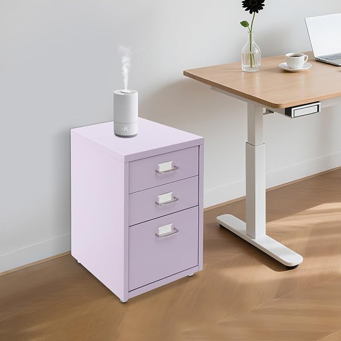 File Cabinet, 3 Drawer Office Filing Cabinet Metal Storage Cabinet with Wheels for Home and Office, Under Desk Cabinet Rolling Storage Case for Notebooks Cosmetics (Purple)