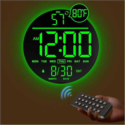 JALL 10" Large Digital Wall Clock with Seconds, Alarm Countdown Timer, Big LED Display, RGB Color, DST, Temperature, Mounted for Bedroom Living Room Office Classroom Gym, Xmas Birthday Gift, Green