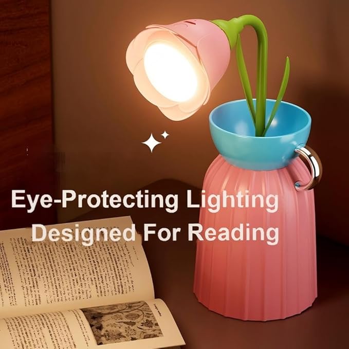 Rose Flower Desk Lamp - Infinite Dimming, Trichromatic Temperature, Rechargeable, Brightness Memory - Creative Decorative Ornaments with Adjustable Flowers (Purple)