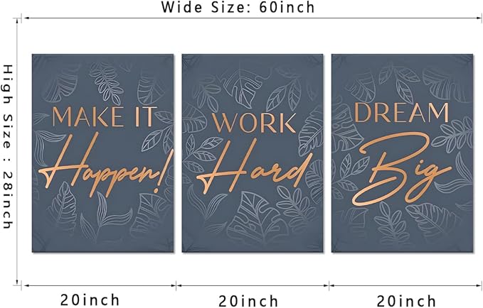 3 Panel Motivational Wall Art - Dream Big Work Hard Make It Happen Quotes On Canvas Inspirational Wall Decor Office Picture Artwork Entrepreneur Poster Modern Positive Print for Home, Framed 20"x28"x3