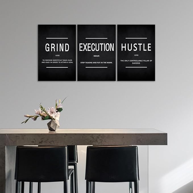Grind Hustle Execution Wall Art Motivational Wall Decor Motivational Quotes Pictures Posters 3 Pieces Framed Canvas Wall Art Prints Goal Artwork Home Office Wall Decor Ready to Hang