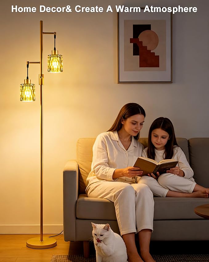 Lightdot 65IN Industrial Gold Floor Lamp for Living Room, 2- Light Green Glass Floor Lamps with 3000K Warm White Bulbs, Modern Farmhouse Tree Standing Tall Lamp for Bedroom Office Home Decor