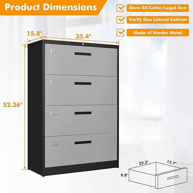 Lateral File Cabinet with Lock, 4 Drawer Metal Filing Cabinet, Lateral Filing Cabinet with Lock for Home Office, Locking Metal Steel Wide File for Legal/Letter A4 Size