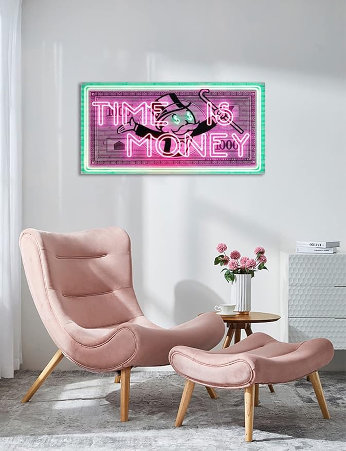 Time Is Money Show me the Money Motivational Office Canvas Art Green Pink Inspirational Wall Art Canvas Print Home Office Room Decor Inspirational Framed Easy to Hang-48 inchx24 inch