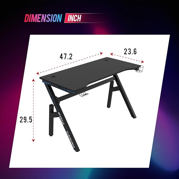 BestOffice | 47" Gaming Desk | Blue | Carbon Fiber Textured Computer Desk | Sturdy Steel Frame, Cup Holder, Headphone Hook, Cable Management Holes, Adjustable Leg Pads | for Gamers, Home, Office