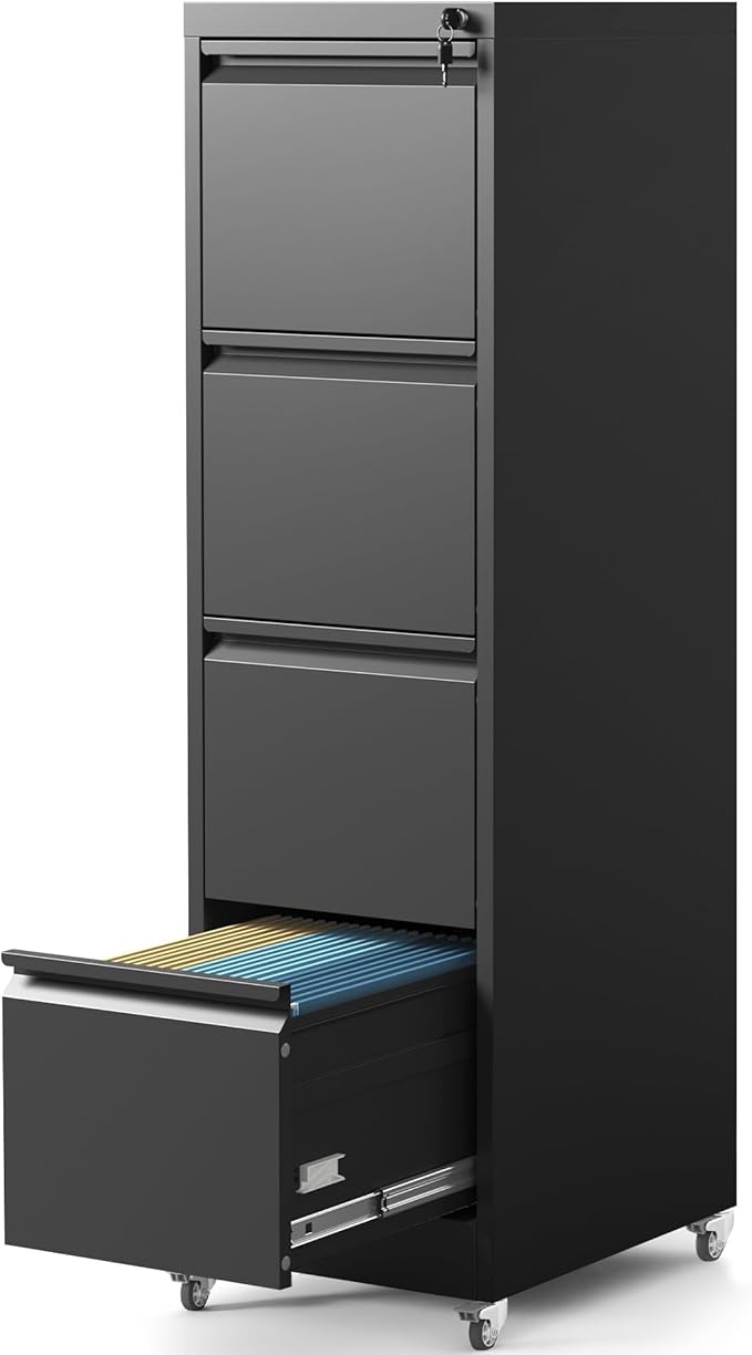 4 Drawer File Cabinet with Wheels, Metal Mobile Filing Cabinets with Lock, Vertical File Cabinet for Home Office, Rolling Storage Cabinet for A4/Letter/Legal Size File, Assembly Required, Black