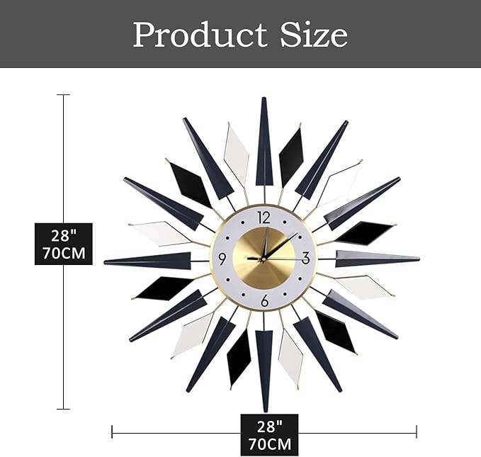 28 Inch Modern Metal Unique Design Large Silent Wall Clocks Battery Operated Non Ticking, Wall Clock for Living Room Kitchen Office Decor
