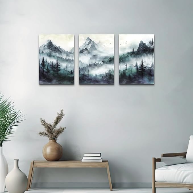 TTHYUEWS Canvas Wall Art - Modern Misty Mountain Forest Wall Painting for Bedroom, Living Room, Office - 3 Piece Set