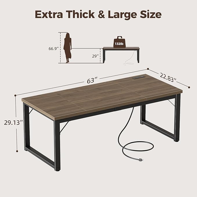 Mericonia 63 Inch Large Computer Desk with Power Outlets, 1.2" Thick Heavy Duty Industrial Office Desk, Modern Simple Study Writing Table for Home Office Bedroom Workstation, Walnut