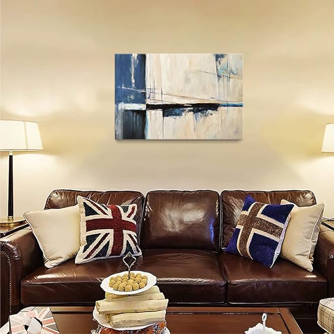 Large Abstract Canvas Wall Art Modern Geometric Art Paintings Blue Blocks and Lines Painted on Cream Background Elegantly Framed Artwork Pictures for Living Room Bedroom Wall Decor 30x20in