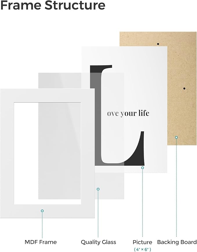 SONGMICS Collage Picture Frames, 4x6 for Wall Decor, Multi Family Photo for Gallery Decor, Hanging Display, Set of 4, Cloud White URPF25WTV1