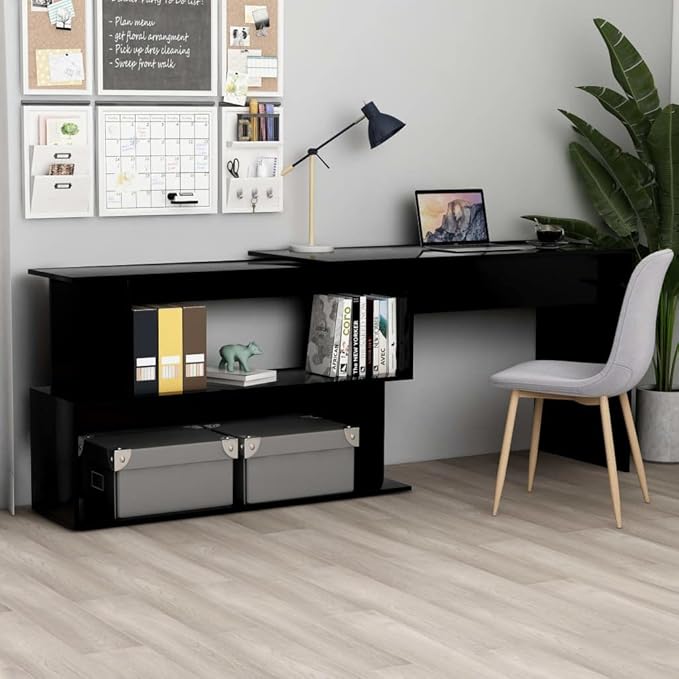 Rotatable Corner Desk Modern Writing Computer Desk, Home Office Desk Writing Study Table PC Desk Workstation for Bedroom, High Gloss Black 78.7"x19.7"x29.9" Engineered Wood(G)