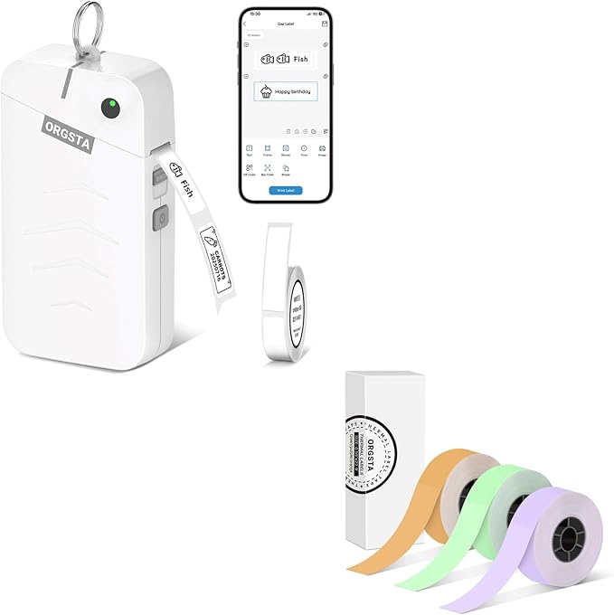 ORGSTA S001 Label Maker Machine with Tape, Bluetooth Label Maker for Home and Office Organization, Thermal Label Printer Mini Printer with 3 Roll Continuous Label Tapes - Purple/Green/Orange