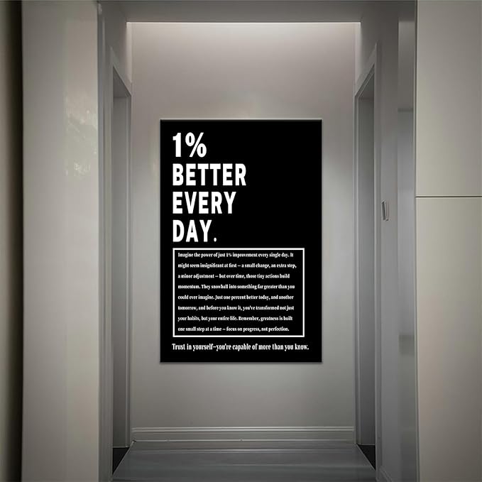 Large Motivational Wall Art 1% Better Every Day Framed Canvas Print Inspirational Decor for Office Conference Room Gym Large Growth Mindset Poster Entrepreneur Success Wall Art Decor [24''Wx36''H]