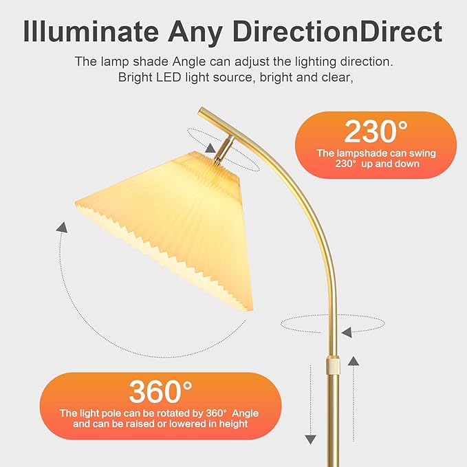 Adjustable Floor Lamp for Living Room, 61"-68" Tall Standing Lamp with Pleated Shade, Modern Gold Floor Lamp with 9W LED Dimmable 3-Color (3000K/4500K/6000K), Reading Corner Lamp for Bedroom Office