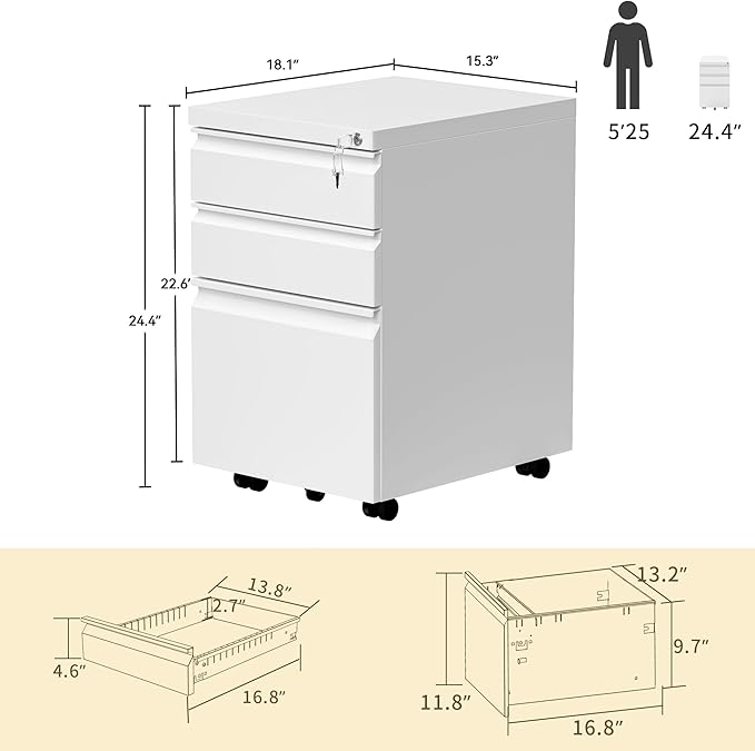 DWVO 3-Drawer Mobile File Cabinet, Pre-Assembled Metal Filing Cabinet for Legal/Letter Size, Lockable Office Storage with 6 Casters, White