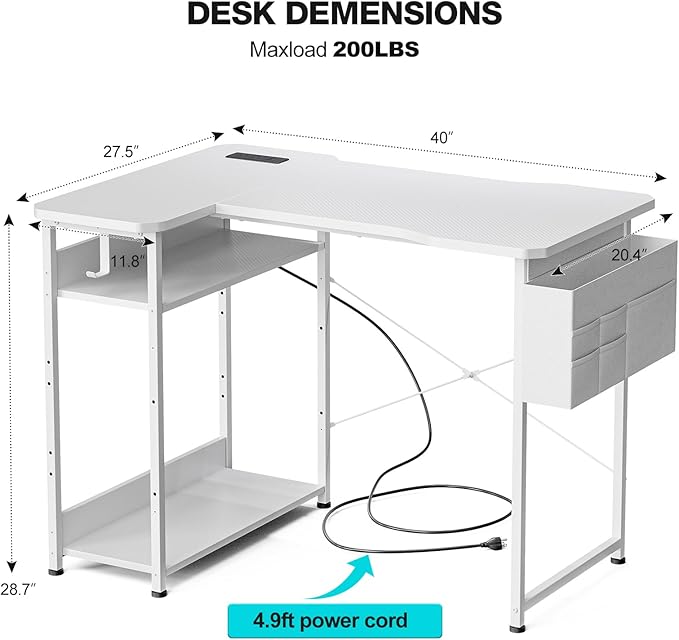 L Shaped Gaming Desk 40 Inch - Computer Corner Desk with Power Outlets, Reversible Shelves & Storage Bag for Home Office, PC Gaming Table, White