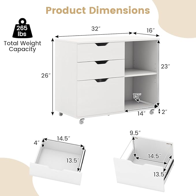3 Drawer File Cabinet, Wood Lateral Filing Cabinet for Hanging Letter, A4, Legal Size, Rolling Printer Stand with Adjustable Shelf, Under Desk Storage for Home Office (White)