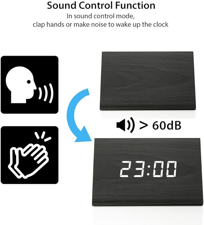 OCT17 Wooden Wood Clock, New Version LED Alarm Digital Desk Clock Adjustable Brightness, Alarm Time, Displays Time Date Temperature - Black