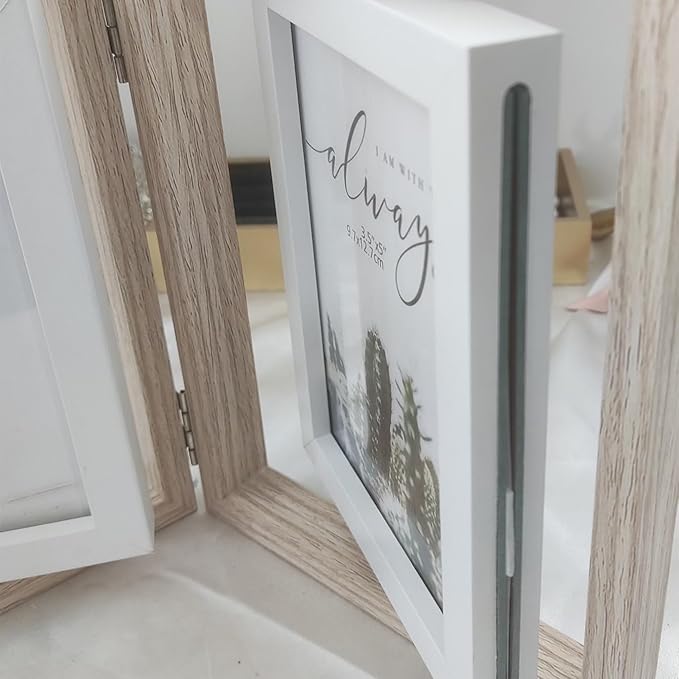 Wooden Hinged Double floating rotating Picture Frame for Photos, 4 * 6 5 * 7 vertical photo Natural Finish (wood color, 4 * 6in)